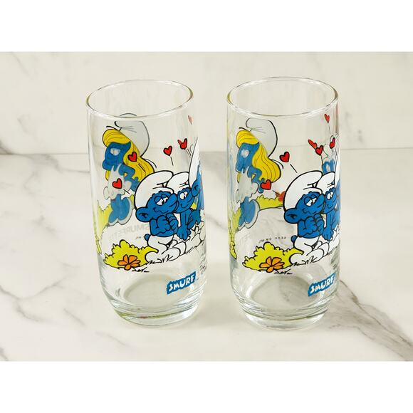 Smurf Smurfette Drinking Clear Glasses 14oz by Peyo 1982 6" x2 Vintage - Picture 7 of 15